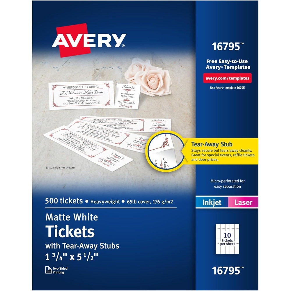 image:imageAvery Printable Tickets with TearAway Stubs 175 x 55 Matte White 500 Blank Tickets for Laser and Inkjet Printers 16795Pack of 1