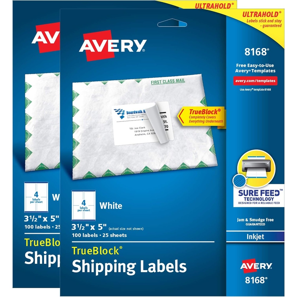 image:imageAvery Printable TrueBlock Shipping Labels 35 x 5 Sure Feed White 2 Pack 200 Labels Total 5640200 labels