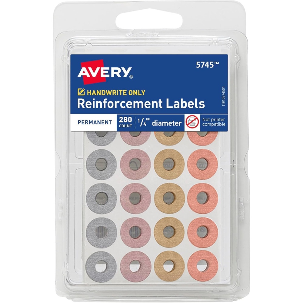 image:imageAvery Reinforcement Labels 14 Diameter Permanent Adhesive Assorted Metallic Colors NonPrintable 280 Page Reinforcement Stickers 5745One Size