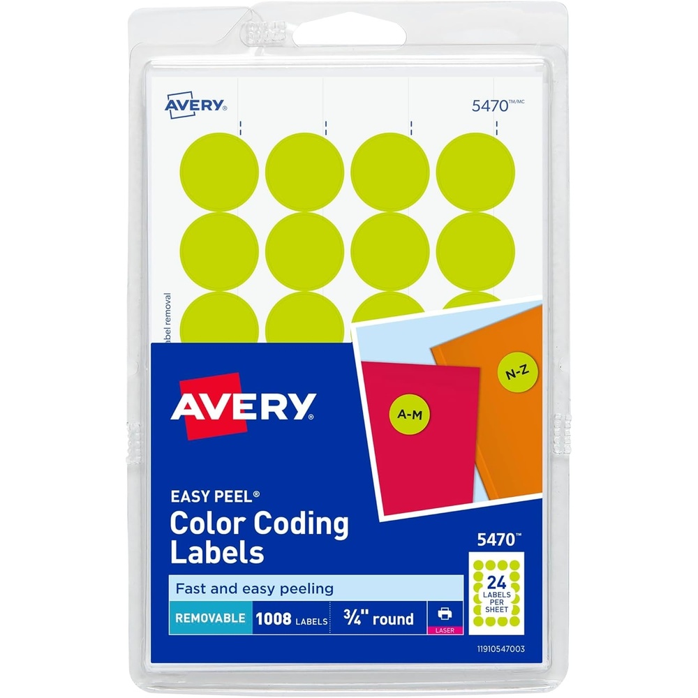 image:imageAvery Removable ColorCoding Labels 34 Diameter Neon Yellow Laser 1008 Total 5470