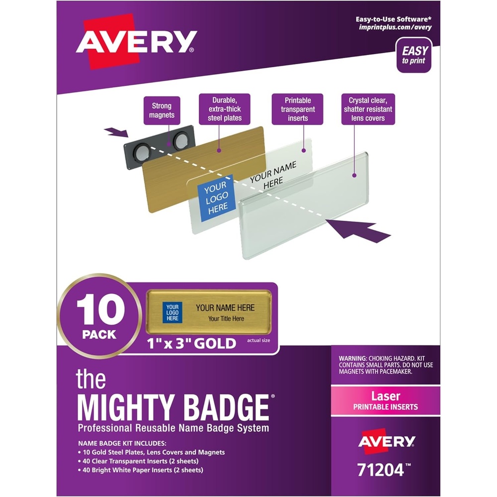 image:imageAvery Reusable Magnetic Professional Name Badge System 1 x 3 Gold Name Tags 10 Identification Badges 80 Laser Printable Inserts Design Software Included 71204Laser