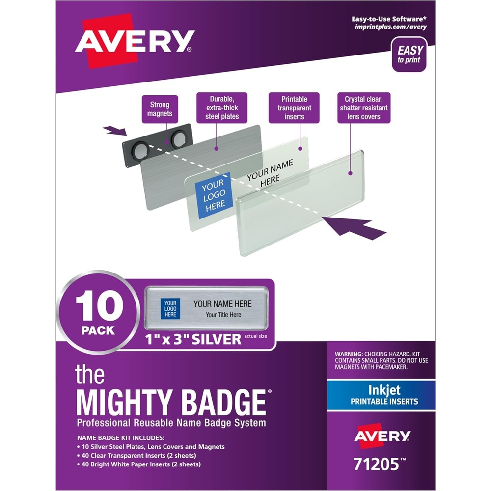 image:imageAvery Reusable Magnetic Professional Name Badge System 1 x 3 Silver Name Tags 10 Identification Badges 80 Laser Printable Inserts Design Software Included 71206Inkjet