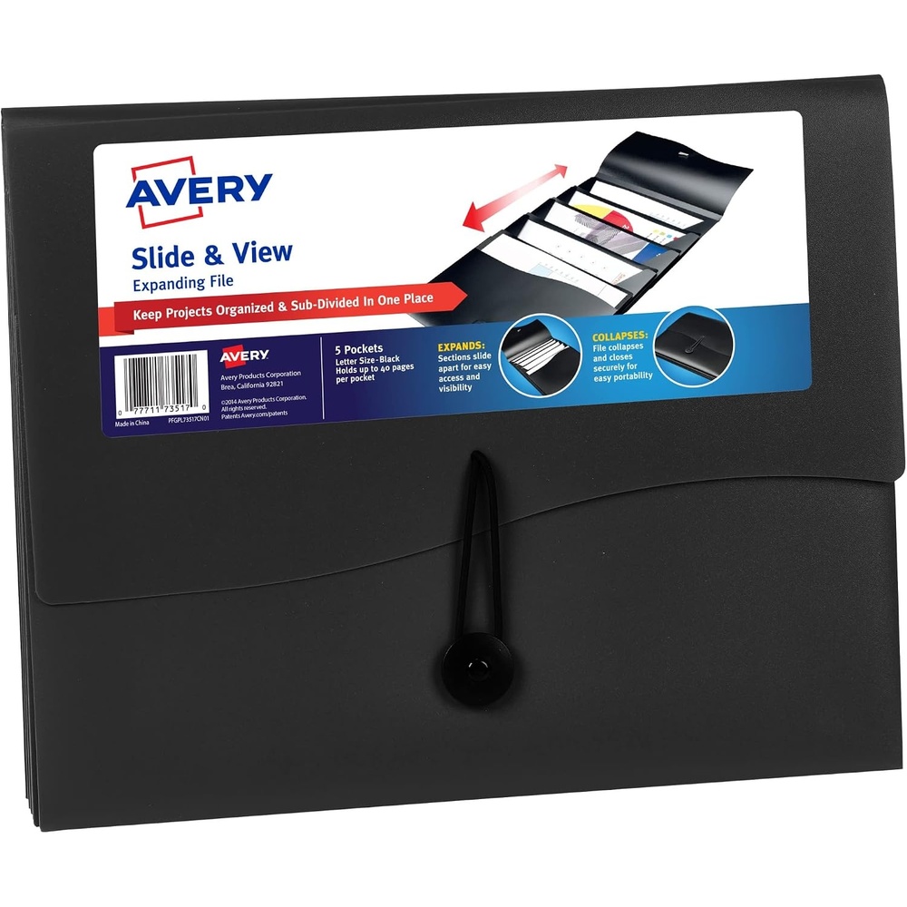 image:imageAvery Slide amp View Expanding File Folder 6 Pockets Letter Size 1 Black Folder 73542Black