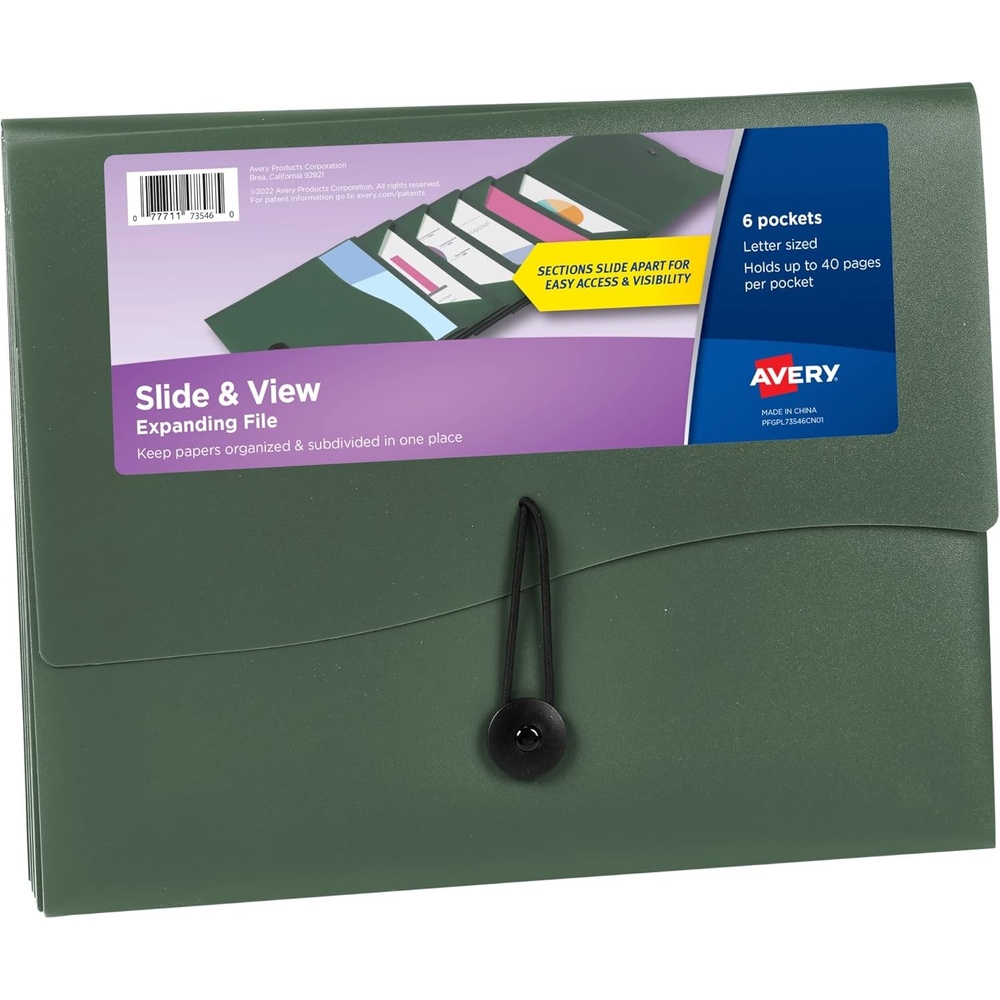 image:imageAvery Slide amp View Expanding File Folder 6 Pockets Letter Size 1 Black Folder 73542Sage