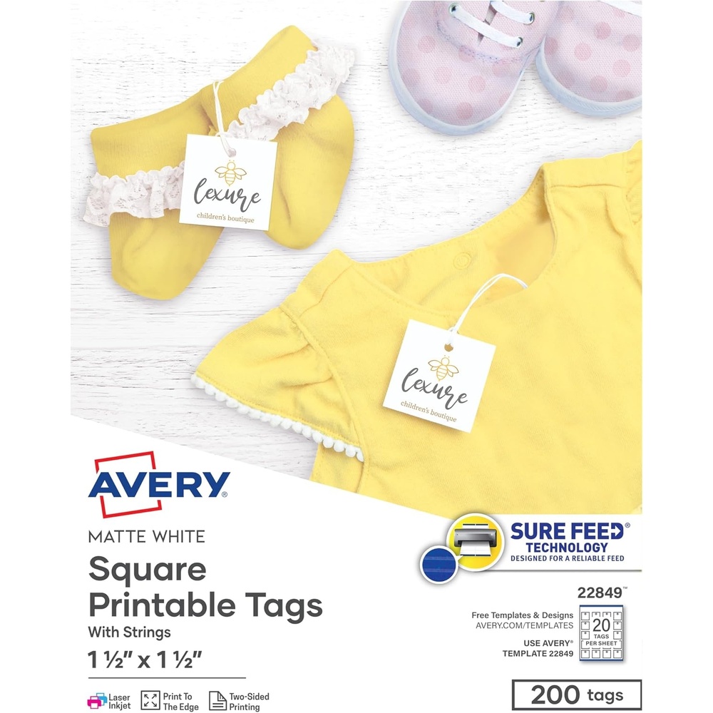 image:imageAvery Square Printable Tags Sure Feed Technology 15 x 15 White Includes String LaserInkjet Printable 200 Total Great for Branding Gifts Merchandising and More 22849Matte White
