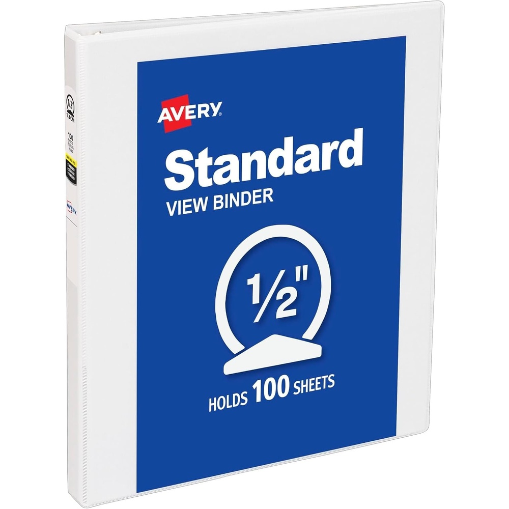 image:imageAvery Standard View 3 Ring Binder 05 Round Rings 100Sheet Capacity 07 Inch Wide Spine 1 White Binder Ideal for Lightweight Organization and Occasional Referencing 0575005 Inch Pack of 12