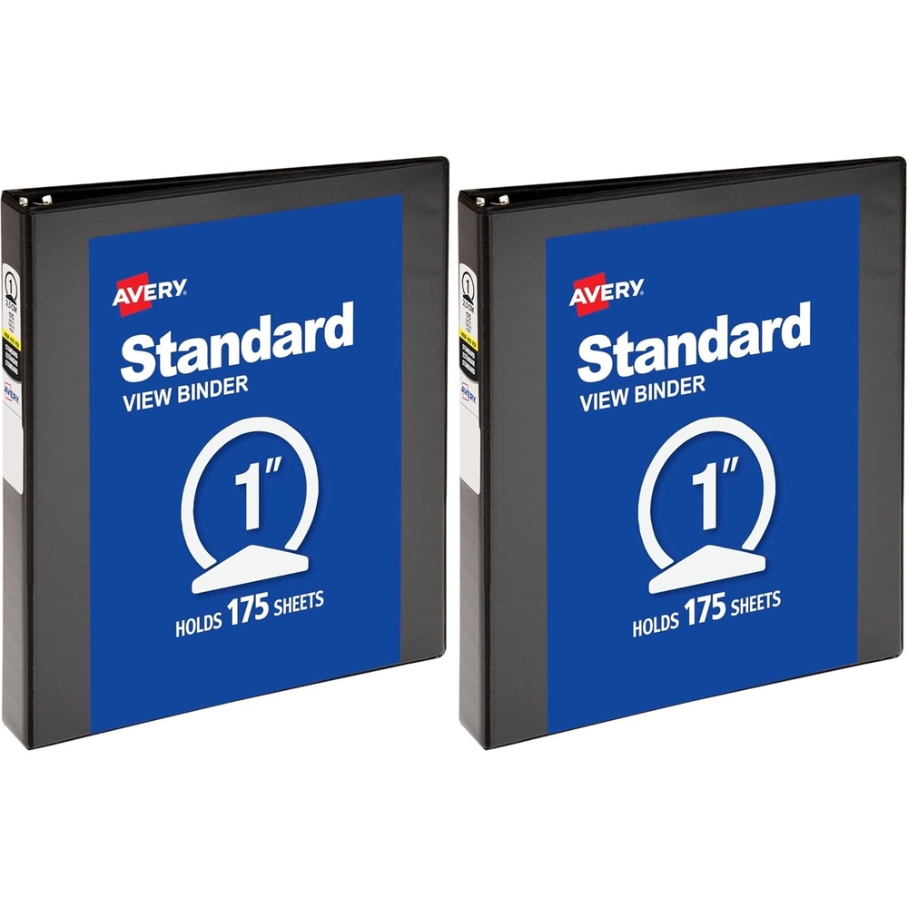 image:imageAvery Standard View 3 Ring Binder 1 Round Rings 175Sheet Capacity 14 Inch Wide Spine 1 Black Binder Ideal for Lightweight Organization and Occasional Referencing 057611 Pack of 2