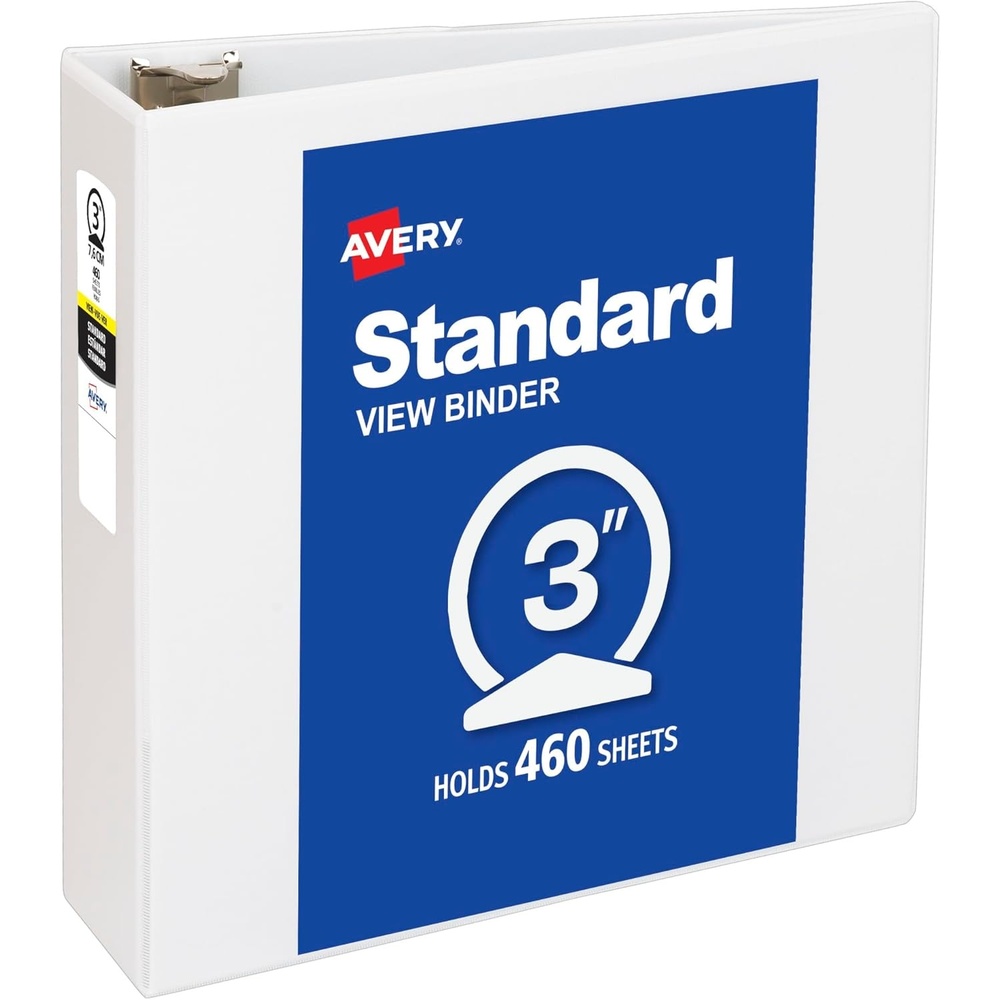 image:imageAvery Standard View 3 Ring Binder 1 Round Rings 175Sheet Capacity 14 Inch Wide Spine 1 White Binder Ideal for Lightweight Organization and Occasional Referencing 057113