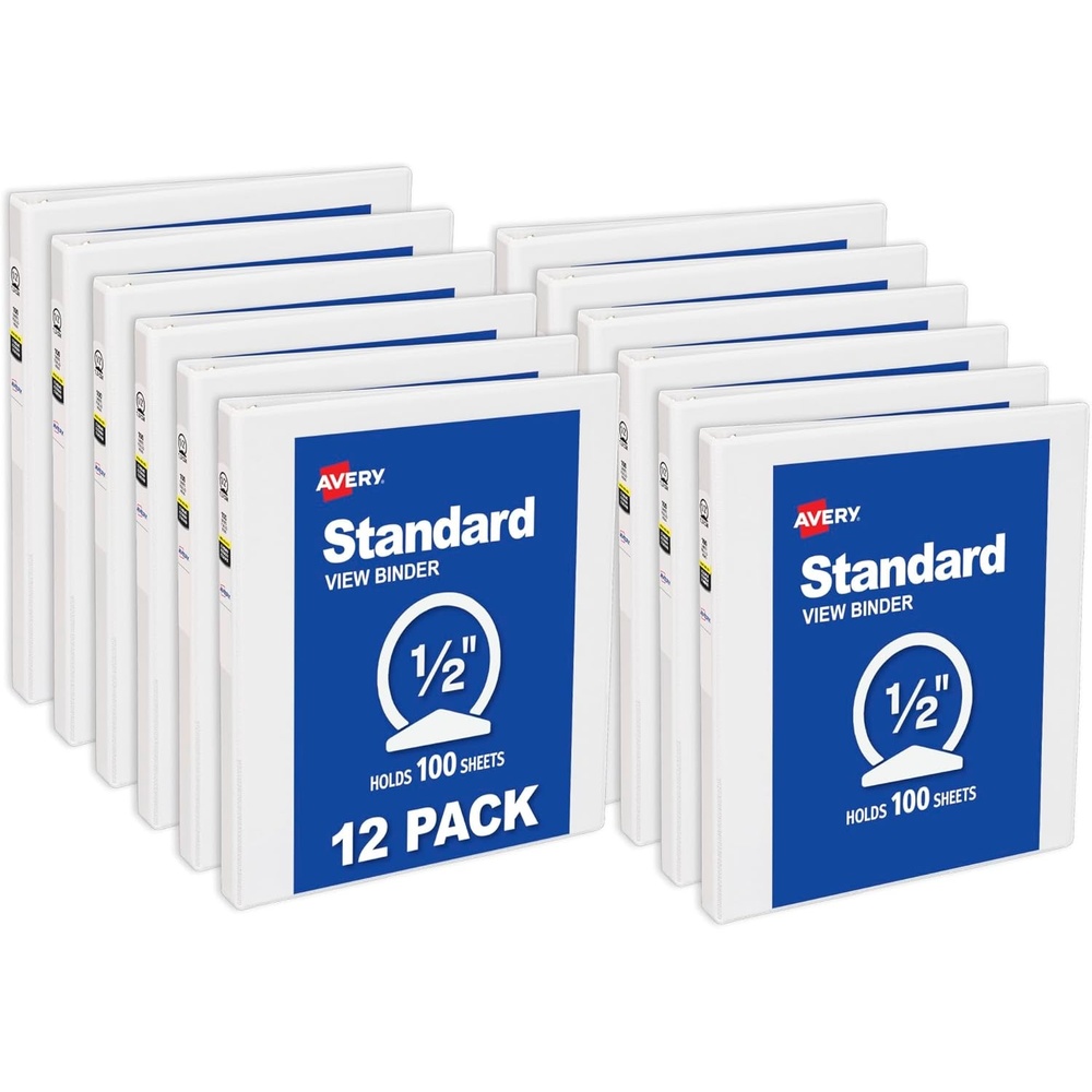 image:imageAvery Standard View 3 Ring Binders 05 Round Rings 100Sheet Capacity 07 Inch Wide Spine White Binders Ideal for Lightweight Organization and Occasional Referencing 12Pack of 0570605