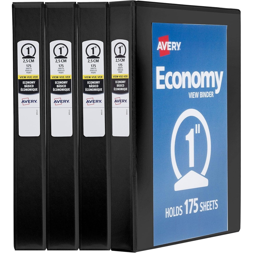 image:imageAvery Standard View 3 Ring Binders 1 Round Rings 175Sheet Capacity 14 Inch Wide Spine Black Binders Ideal for Lightweight Organization and Occasional Referencing 4Pack of 19203