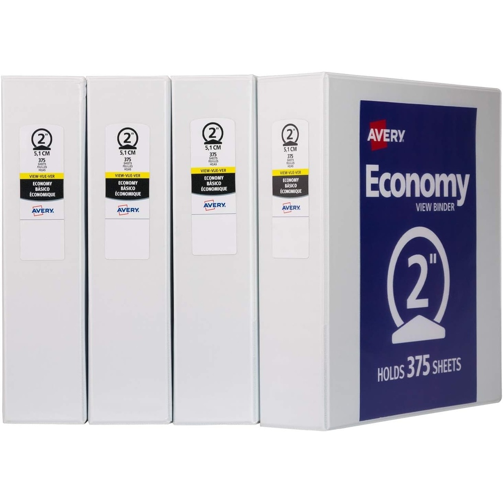 image:imageAvery Standard View 3 Ring Binders 1 Round Rings 175Sheet Capacity 14 Inch Wide Spine White Binders Ideal for Lightweight Organization and Occasional Referencing 4Pack of 192002