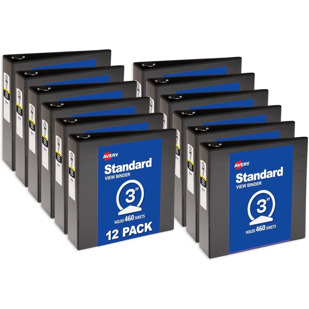 image:imageAvery Standard View 3 Ring Binders 2 Round Rings 375Sheet Capacity 28 Inch Wide Spine Black Binders Ideal for Lightweight Organization and Occasional Referencing 12Pack of 057303