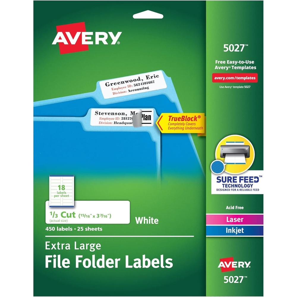 image:imageAvery TrueBlock Extra Large File Folder Labels 1516 x 3716 450 Printable Labels White 50271516 inches x 3716 inches Pack of 5
