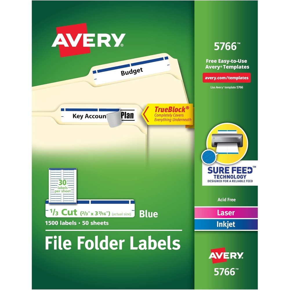 image:imageAvery TrueBlock File Folder Labels 23 x 3716 1500 Printable Labels WhiteBlue Permanent 576623 inches x 3716 inches Pack of 5