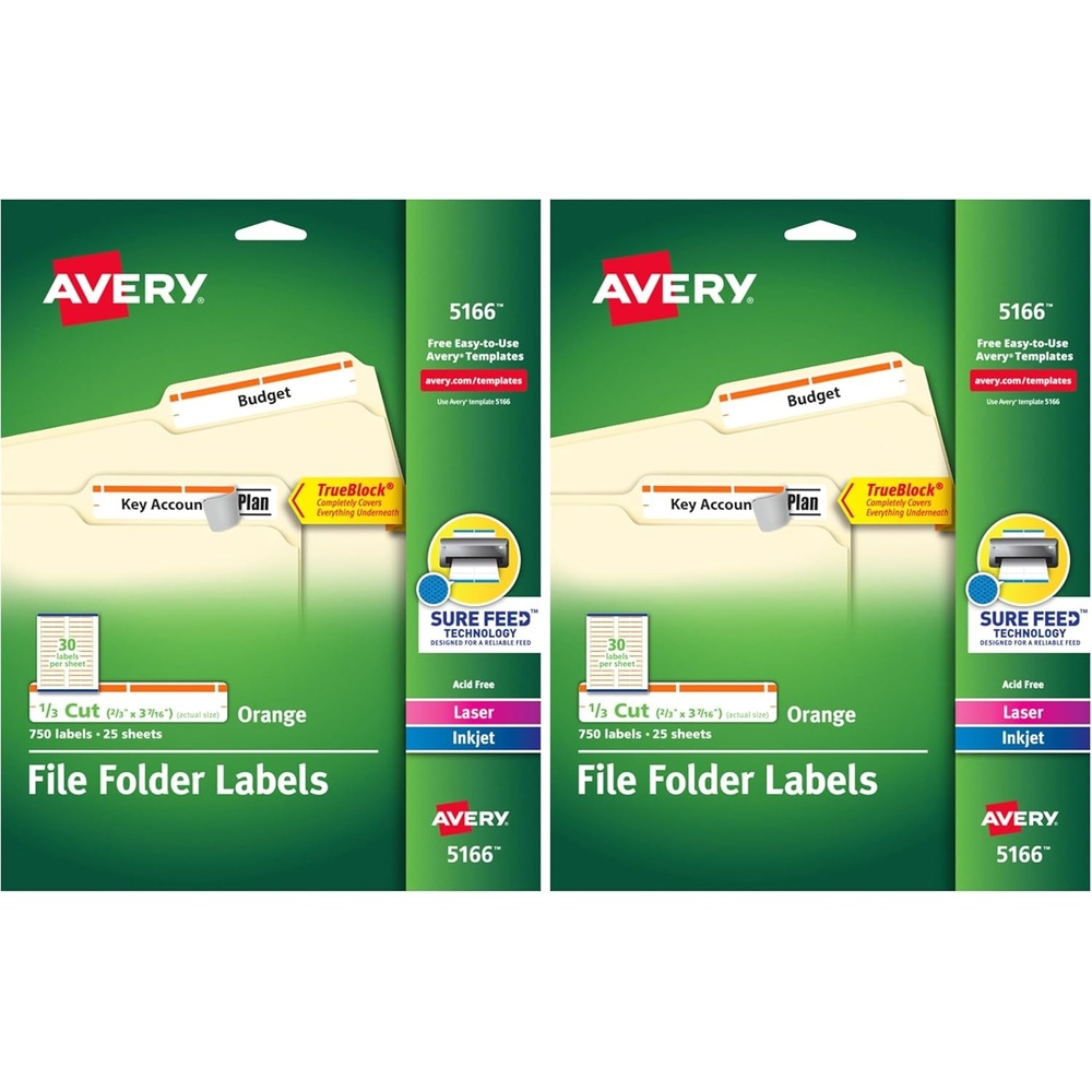 image:imageAvery TrueBlock File Folder Labels 23 x 3716 750 Printable Labels WhiteOrange Permanent 5166One Size Pack of 2