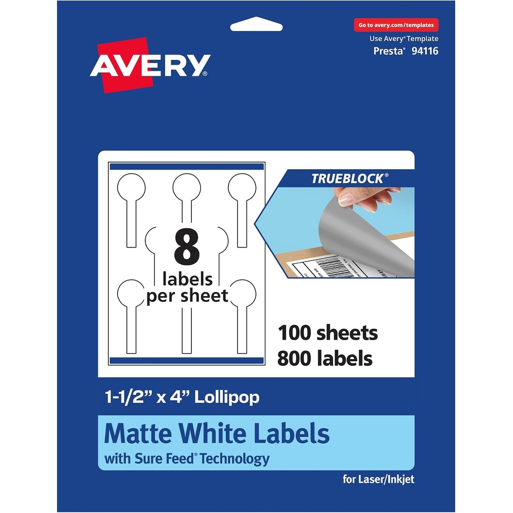 image:imageAvery TrueBlock Matte White Lollipop Labels Sure Feed Technology 15 x 4 800 Matte White Labels PrinttoTheEdge LaserInkjet Printable Great for Packaging and Product Merchandising800 labels