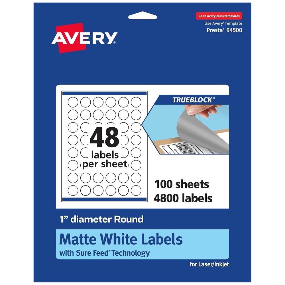 image:imageAvery TrueBlock Matte White Round Labels with Sure Feed 1 Diameter 480 Matte White Labels PrinttotheEdge LaserInkjet Printable Labels Great for Product Labels and Price Stickers4 800 labels