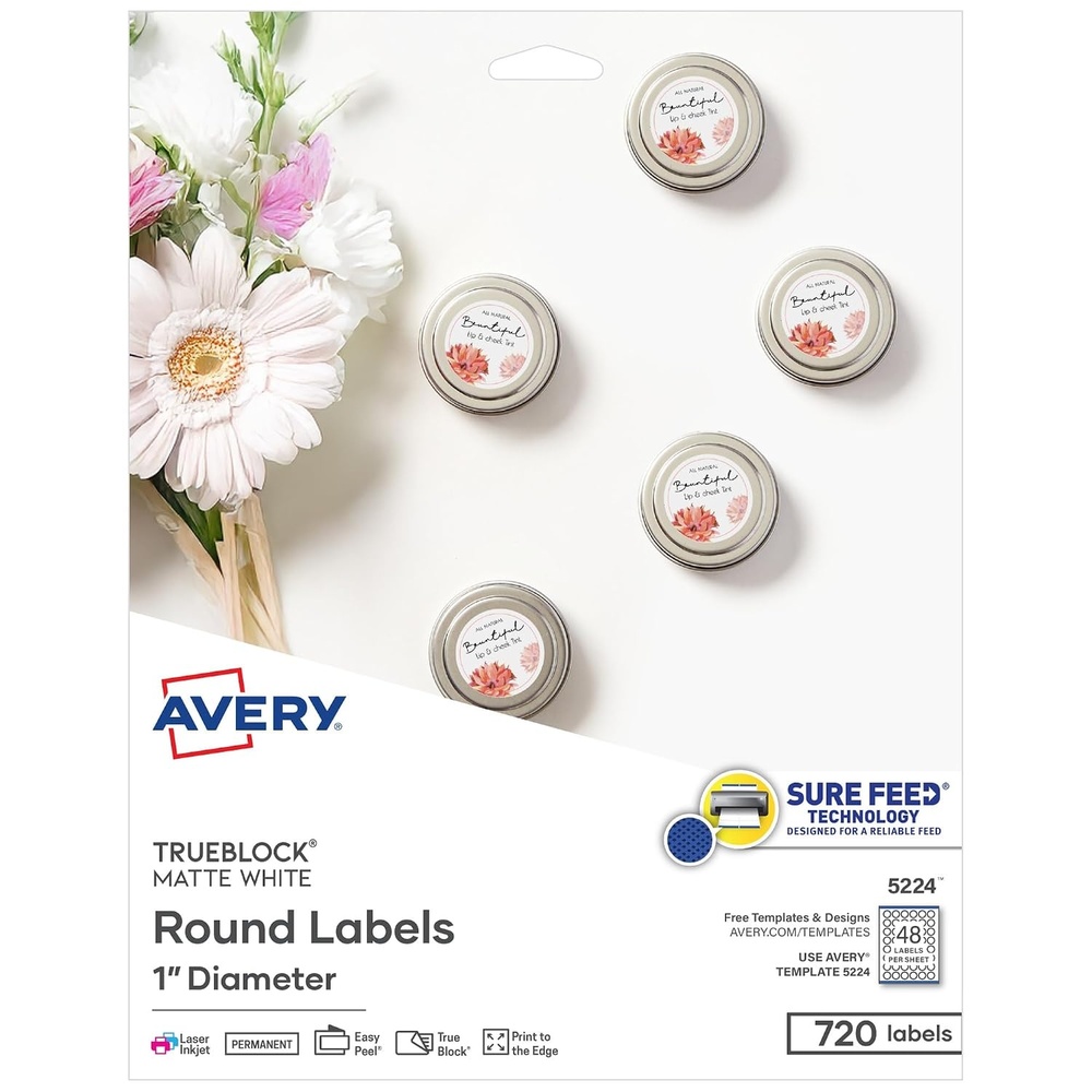 image:imageAvery TrueBlock Matte White Round Labels with Sure Feed 1 Diameter 480 Matte White Labels PrinttotheEdge LaserInkjet Printable Labels Great for Product Labels and Price Stickers720 labels