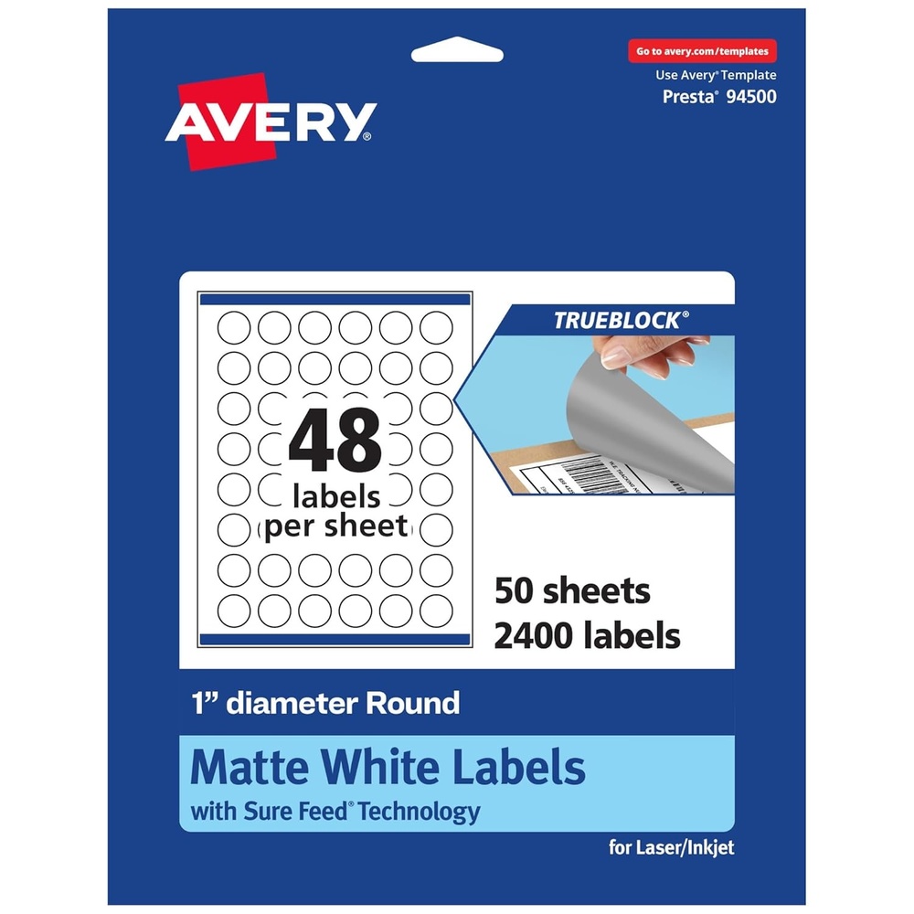 image:imageAvery TrueBlock Matte White Round Labels with Sure Feed 1 Diameter 480 Matte White Labels PrinttotheEdge LaserInkjet Printable Labels Great for Product Labels and Price Stickers2 400 labels