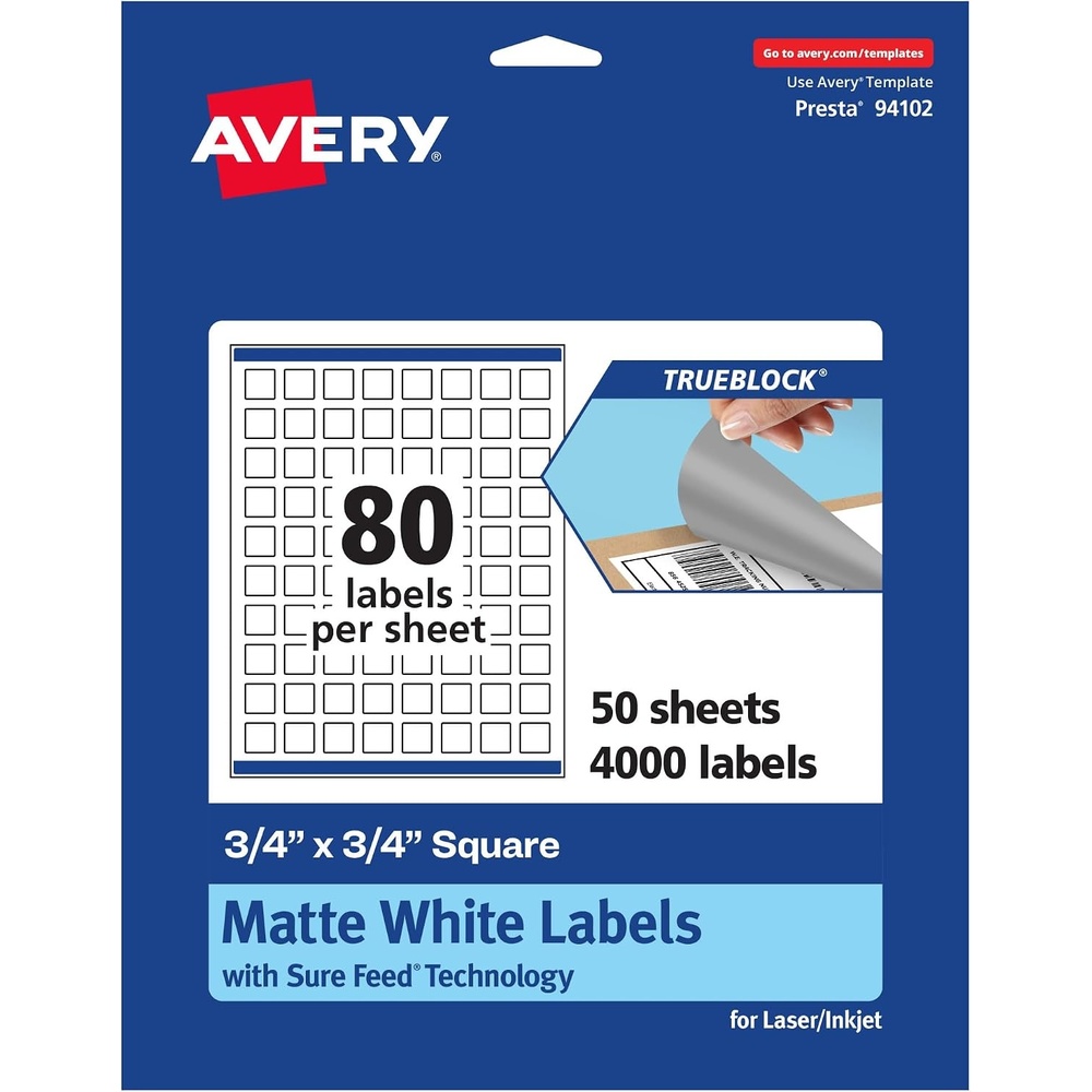 image:imageAvery TrueBlock Matte White Square Labels Sure Feed Technology 075 x 075 800 Matte White Labels PrinttoTheEdge LaserInkjet Printable Great for Product Merchandising Stickers4 000 labels