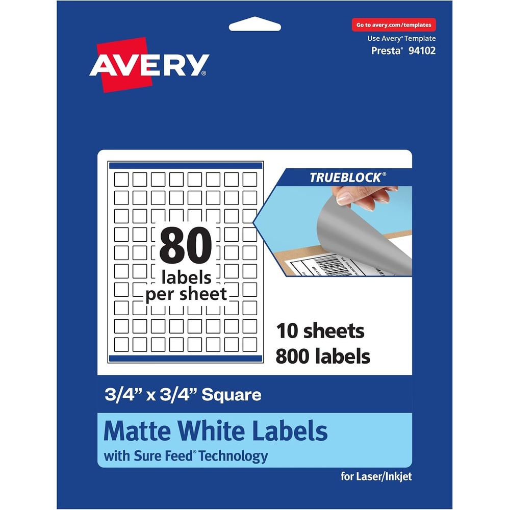image:imageAvery TrueBlock Matte White Square Labels Sure Feed Technology 075 x 075 800 Matte White Labels PrinttoTheEdge LaserInkjet Printable Great for Product Merchandising Stickers800 labels