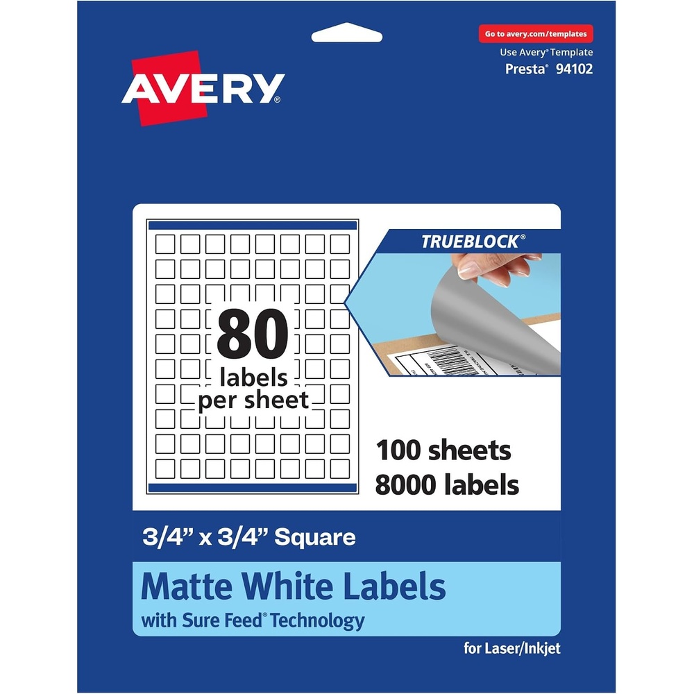 image:imageAvery TrueBlock Matte White Square Labels Sure Feed Technology 075 x 075 800 Matte White Labels PrinttoTheEdge LaserInkjet Printable Great for Product Merchandising Stickers8 000 labels