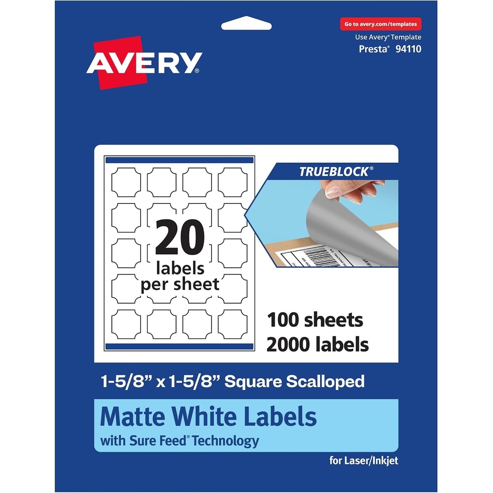 image:imageAvery TrueBlock Matte White Square Scalloped Labels with Sure Feed 158 x 158 200 Matte White Labels PrinttoTheEdge LaserInkjet Printable Labels Great for Packaging and Product Labels2 000 labels