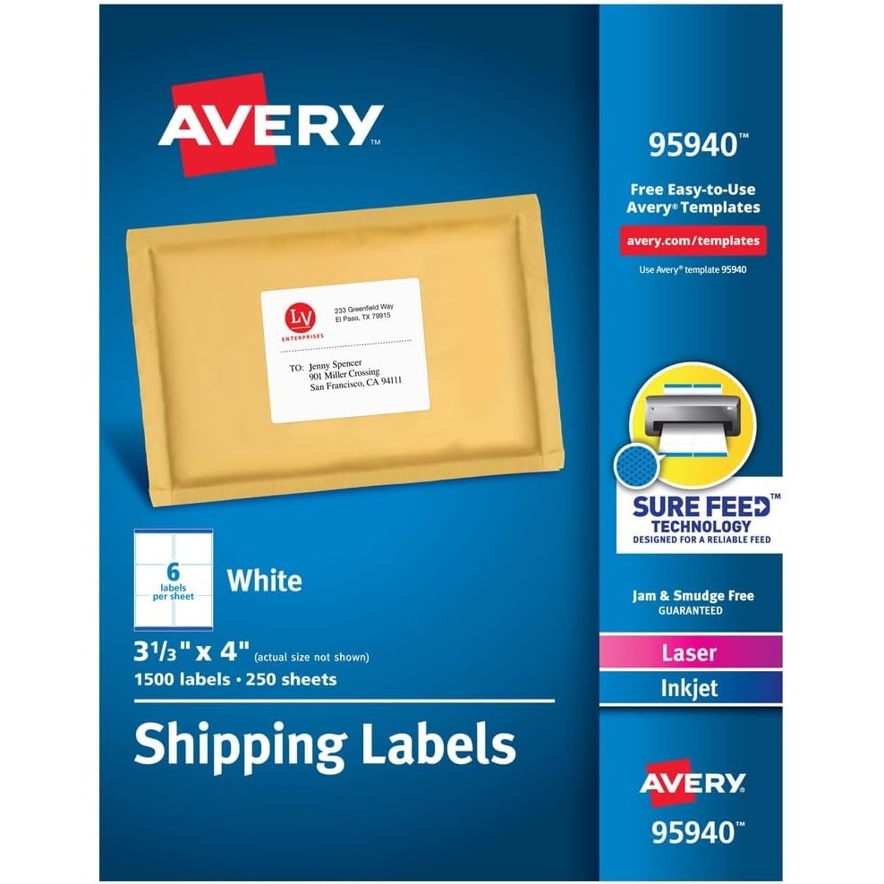 image:imageAvery TrueBlock Shipping Labels Sure Feed Permanent 313 x 4 White 2 Pack 120 Labels Total 321341 500 labels