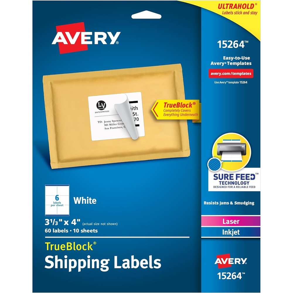 image:imageAvery TrueBlock Shipping Labels Sure Feed Permanent 313 x 4 White 2 Pack 120 Labels Total 3213460 labels