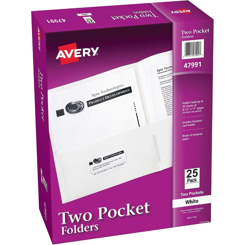 image:imageAvery Two Pocket Folders Holds up to 40 Sheets Business Card Slot 25 White Folders 47991White