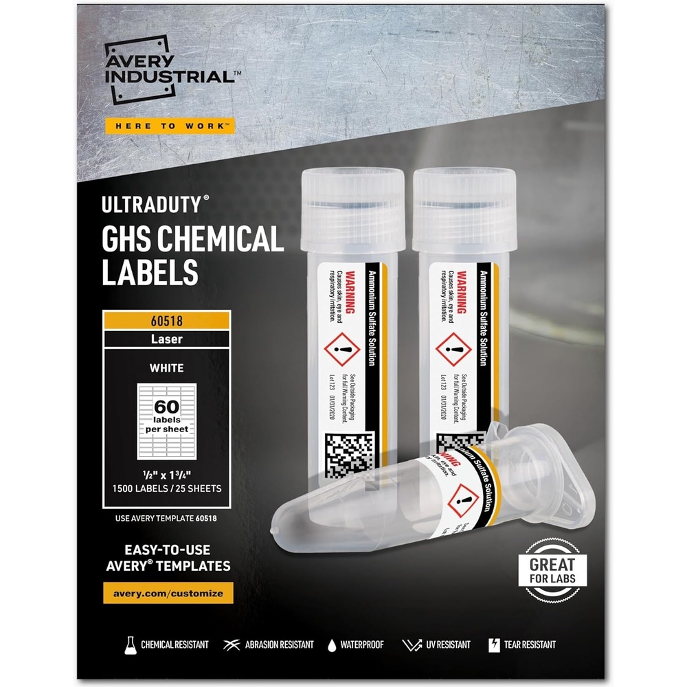 image:imageAvery UltraDuty GHS Chemical Labels for Laser Printers Waterproof UV Resistant 05 x 175 Pack of 1500 6051812 x 134