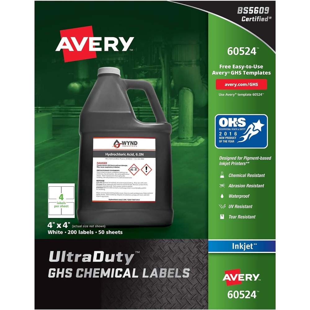 image:imageAvery UltraDuty GHS Chemical Labels for Pigment Inket Printers Waterproof UV Resistant 4x4 200Pk 60524