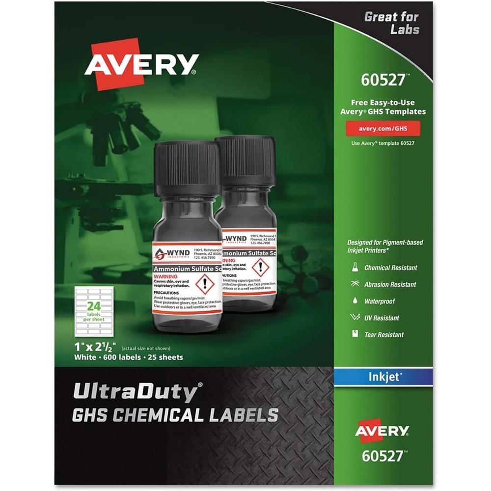 image:imageAvery UltraDuty GHS Chemical Labels for Pigment Inkjet Printers Waterproof UV Resistant 1x 25 Pack of 600 605271 x 212 Pack of 5
