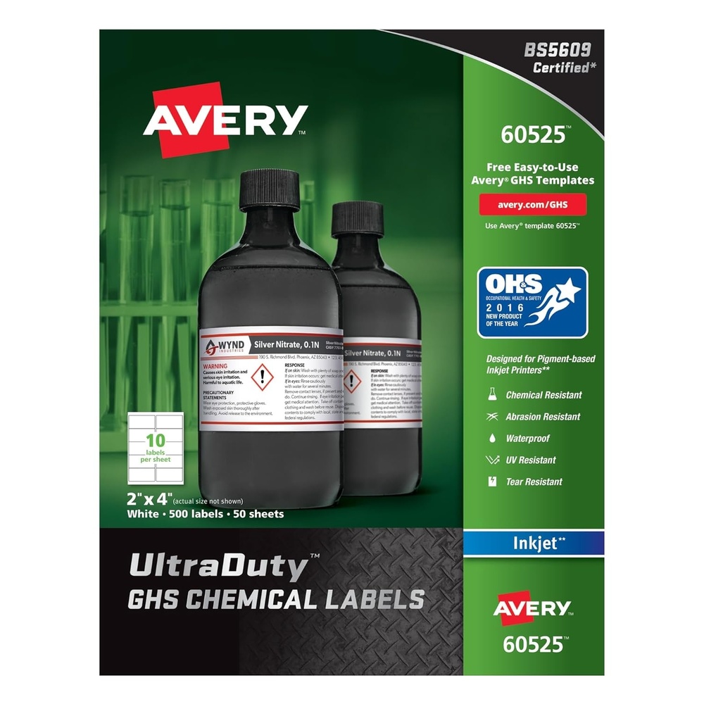 image:imageAvery UltraDuty GHS Chemical Labels for Pigment Inkjet Printers Waterproof UV Resistant 2x4500Pk 60525