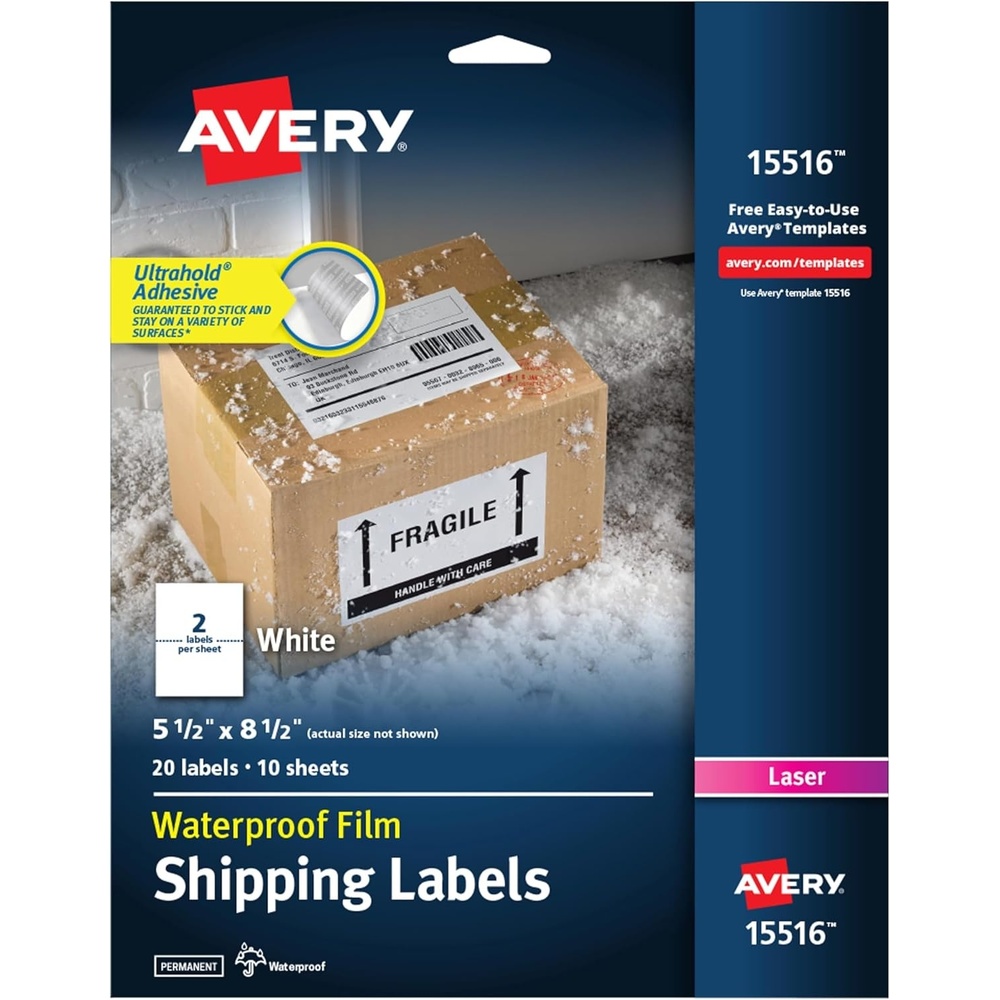 image:imageAvery Waterproof Printable Shipping Labels Sure Feed Technology 55 x 85 White 20 Blank Mailing Labels 15516512 in X 812 in Pack of 5