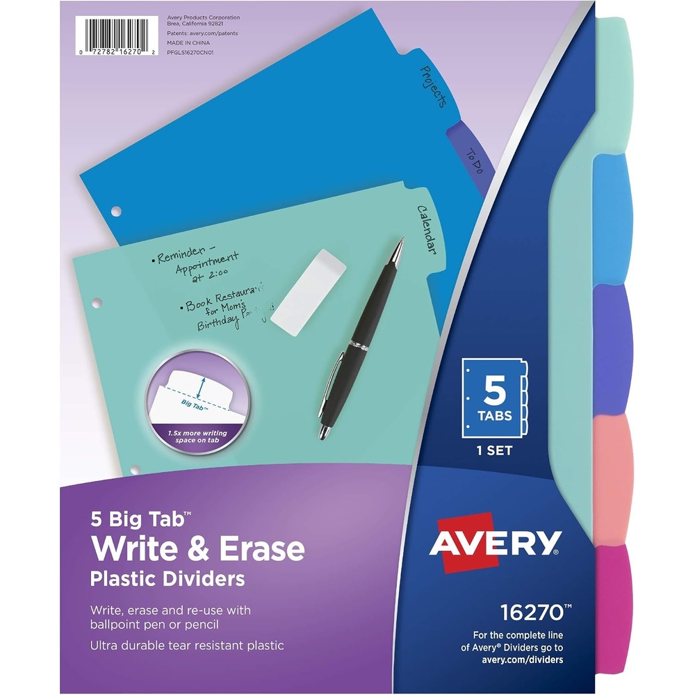 image:imageAvery Write amp Erase Dividers for 3 Ring Binders 5 Tabs per Set Multicolor Big Tabs Pastels Binder Dividers Great for Organizing Reports Projects and More 16270