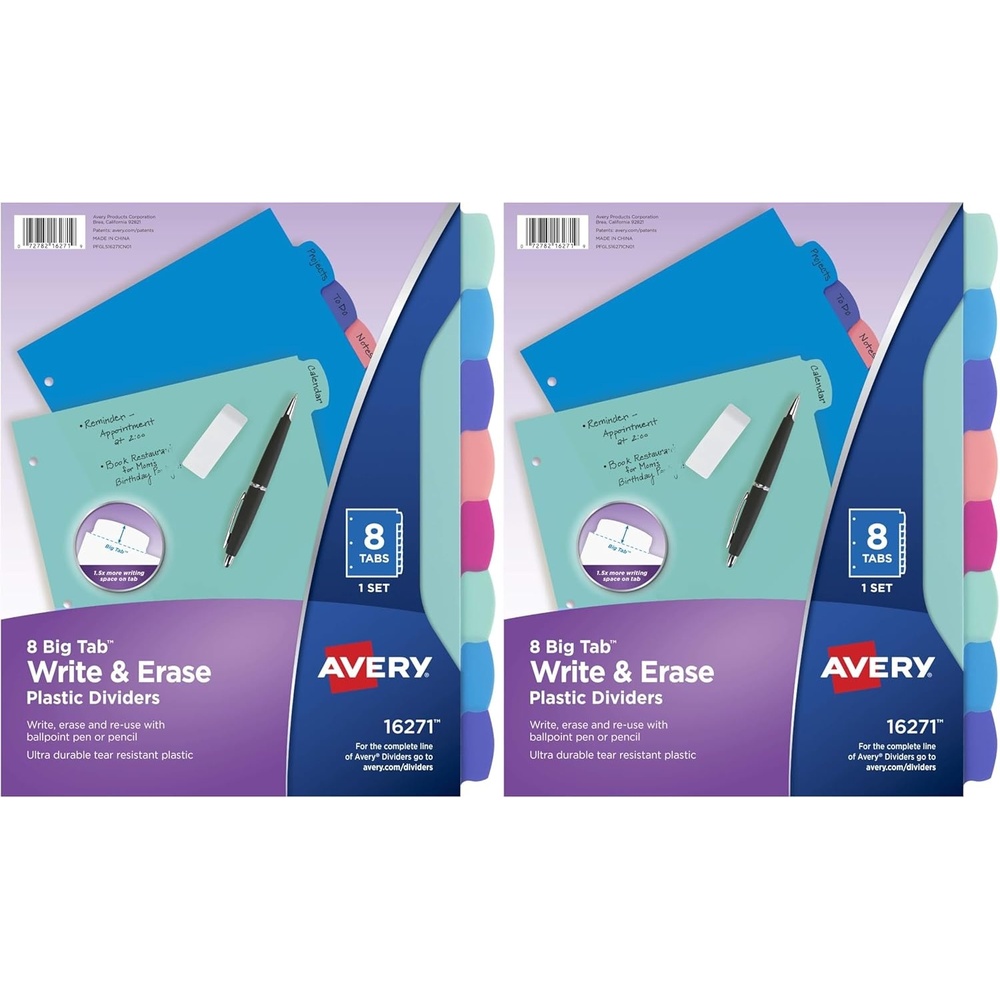 image:imageAvery Write amp Erase Dividers for 3 Ring Binders 8 Tabs per Set Multicolor Big Tabs Pastels Binder Dividers Great for Organizing Reports Projects and More 162718 tab Pack of 2