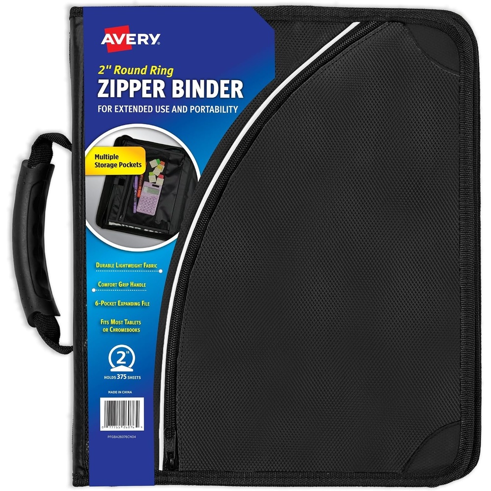 image:imageAvery Zipper 3 Ring Binder 2 Round Rings 375Sheet Capacity 28Inch Wide Spine 14 Laptop Storage Pocket Black Durable Binder Organizer with Handle 26076