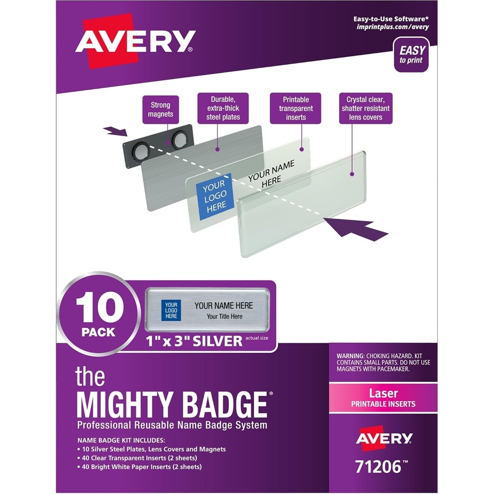 image:imageThe Mighty Badge by Avery 1 x 3 Silver Name Tags 4 ID Badges 32 Inserts for Laser Printers 7120010 Badges Pack of 5