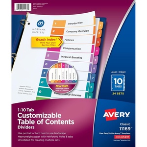 Avery 10 Tab Dividers for 3 Ring Binders, Customizable Table of Contents, Multicolor Tabs, 24 Sets (11169)(10 tabs)