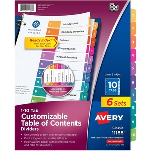 Avery 10 Tab Dividers for 3 Ring Binders, Customizable Table of Contents, Multicolor Tabs, 6 Sets (11188)(10 tabs (Pack of 8))
