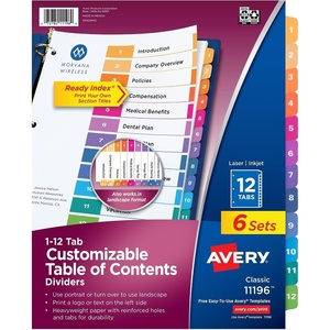 Avery 12 Tab Dividers for 3 Ring Binders, Customizable Table of Contents, Multicolor Tabs, 6 Sets (11196)(12 tabs (Pack of 6))