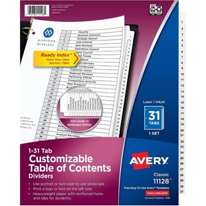 Avery 1-31 Dividers for 3 Ring Binders, 31 Tabs per Set, Customizable Table of Contents, Classic White Tabs, Great for Organizing Reports, Projects, and More (11128)(White)