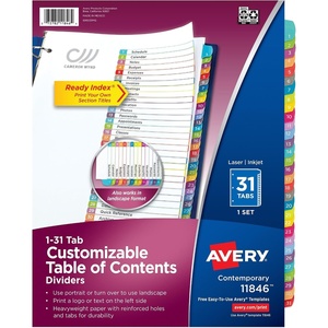 Avery 1-31 Dividers for 3 Ring Binders, 31 Tabs per Set, Customizable Table of Contents, Multicolor Arched Tabs, Great for Organizing Reports, Projects, and More (11846)(One Size)