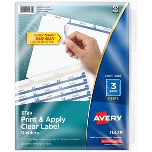Avery 3-Tab Dividers for 3 Ring Binder, Easy Print & Apply Clear Label Strip, Index Maker Customizable White Tabs, 25 Sets (11445)(5 Sets (Pack of 10))