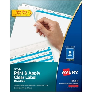 Avery 5 Tab Dividers for 3 Ring Binder, Easy Print & Apply Clear Label Strip, Index Maker Customizable White Tabs, 4-Pack of 50 Sets, 200 Sets Total (11556)(25 sets)