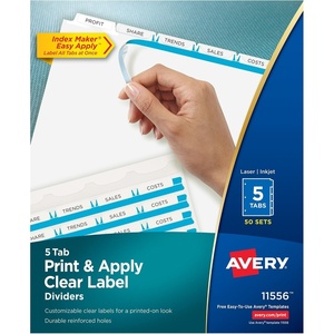 Avery 5 Tab Dividers for 3 Ring Binder, Easy Print & Apply Clear Label Strip, Index Maker Customizable White Tabs, 4-Pack of 50 Sets, 200 Sets Total (11556)(200 Sets)