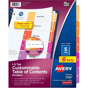 Avery 5 Tab Dividers for 3 Ring Binders, Customizable Table of Contents, Multicolor Tabs, 6 Sets (11187)(5 tabs)