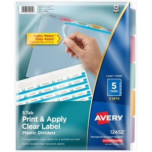 Avery 5 Tab Plastic Dividers for 3 Ring Binder, Easy Print & Apply Clear Label Strip, Index Maker Customizable Multicolor Tabs, 5 Sets (11452)