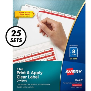 Avery 5007278211447 Print & Apply Clear Label Dividers, Index Maker Easy Apply Printable Label Strip, 8 White Tabs, 25 Sets, Case Pack of 6